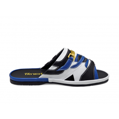 Men Sandals SKF-38 Black&Blue Nappa-White Pebble grain Microfiber Leather